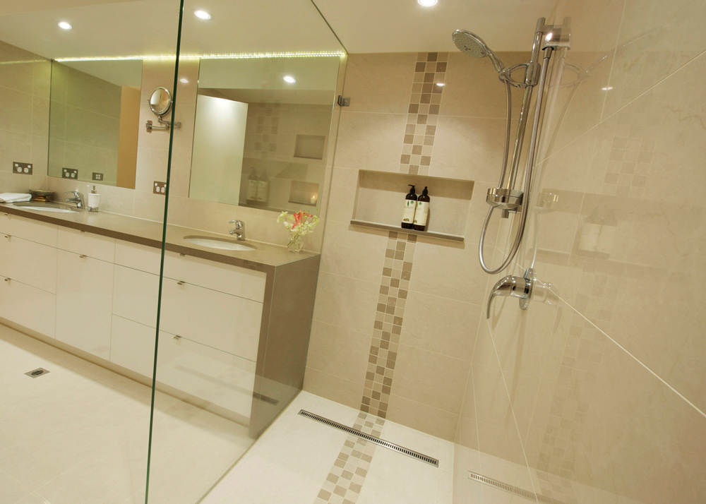A variety of wall niches provides handy storage